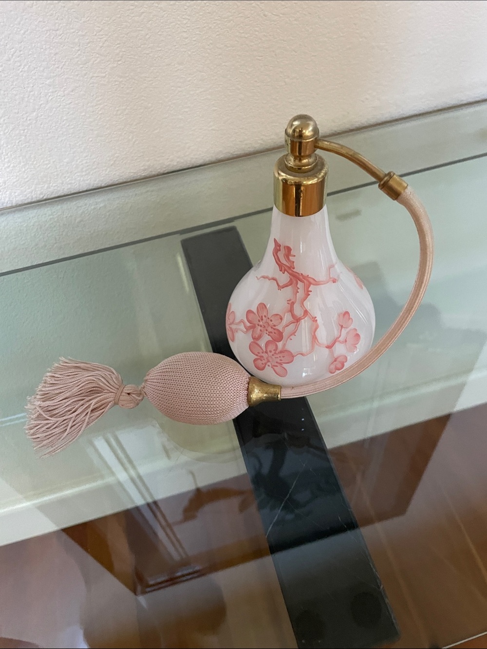 Vintage-Style Pink Floral Glass Atomizer Perfume Bottle with Gold Accents